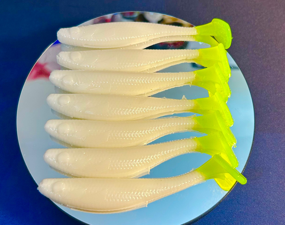 Brains Baits “Milk Weed” 4” Swimbaits – White & Chartreuse Paddle Tail Soft Plas