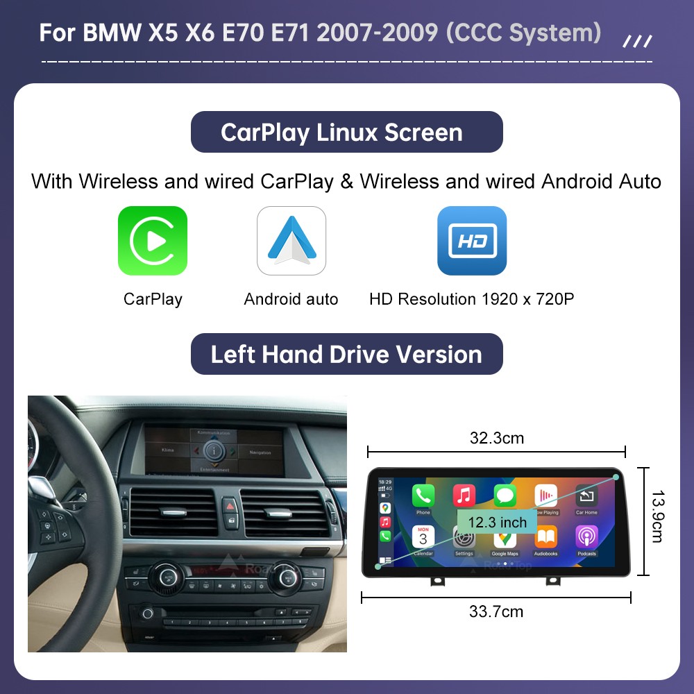 12.3" Wireless Carplay/Android Screen Multimedia For BMW X5 X6 E70 E71 2007-2009