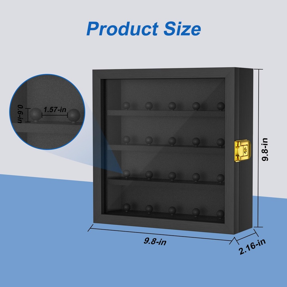 Championship Ring Display Case: Wooden Shadow Box with 20 Posts Black