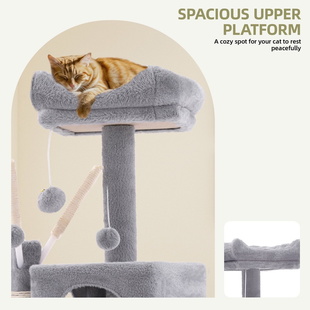 44" Cat Tree Tower, with Scratch Posts, Condo, Hammock, Toys, Light Gray