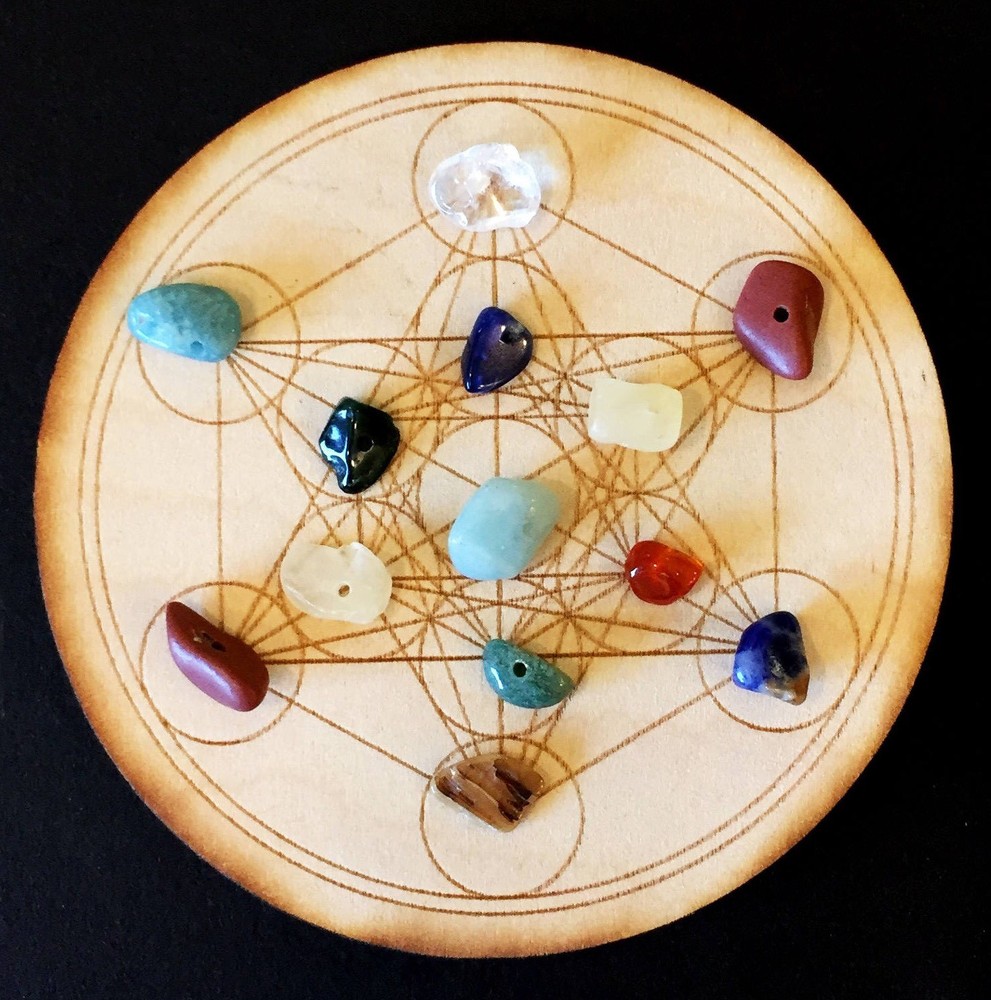 Laser engraved 6” Metratrone’s Cube Crystal Grid