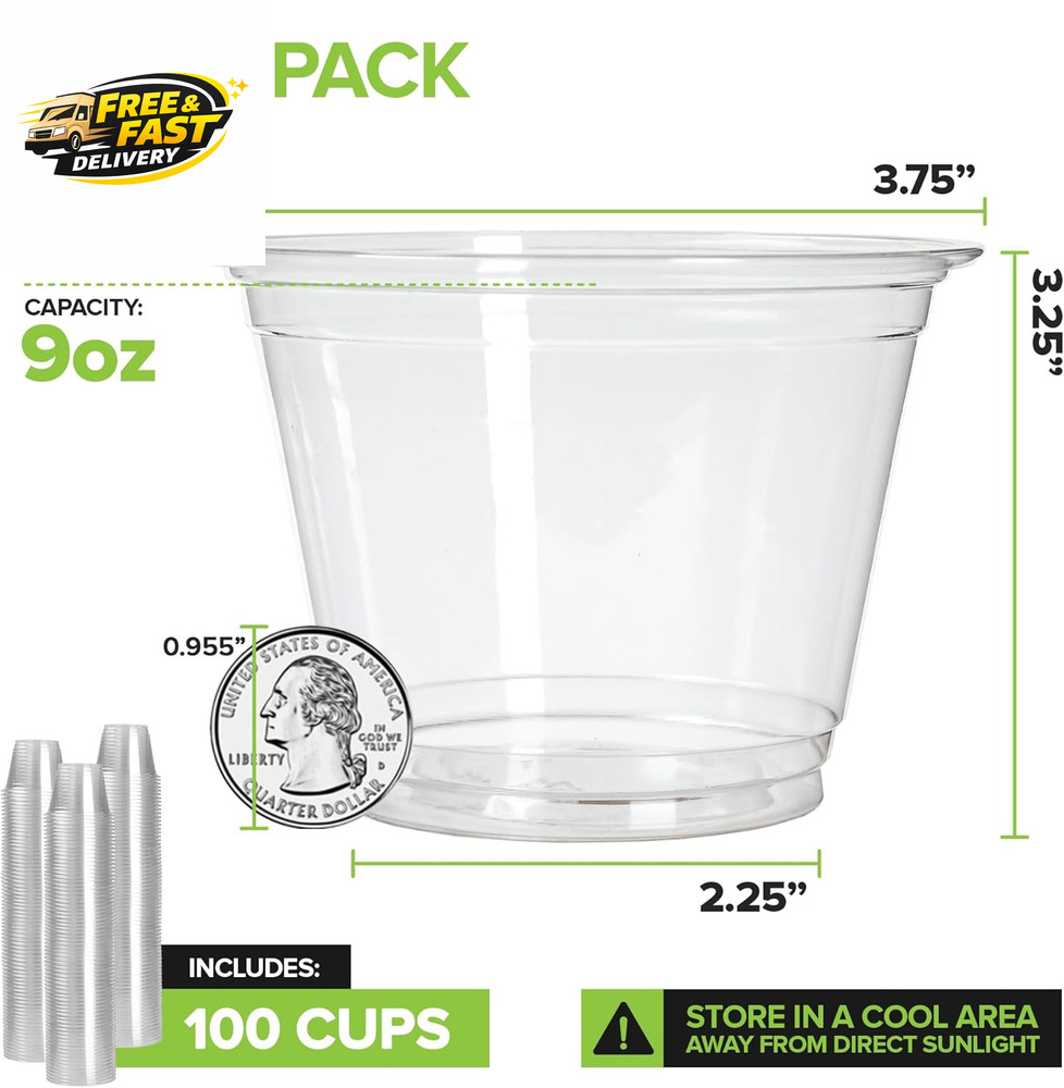 9 Oz Clear Commercially Compostable Cold Cups (100 Pack) PLA Disposable Party