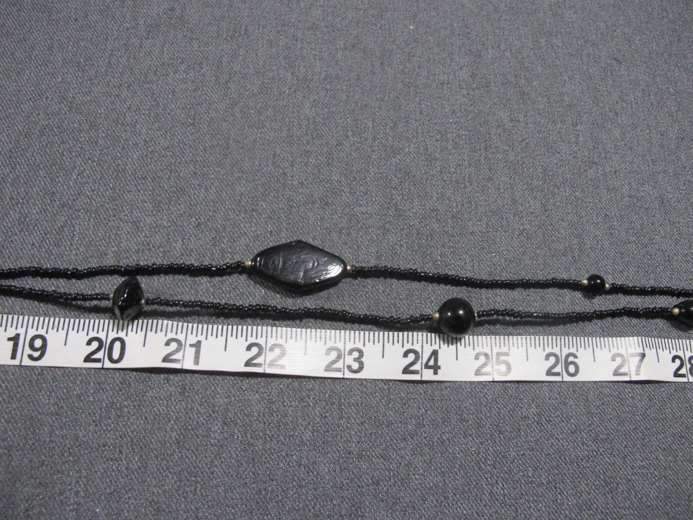 Vintage flapper style assorted black glass + tiny silvertone beaded necklace