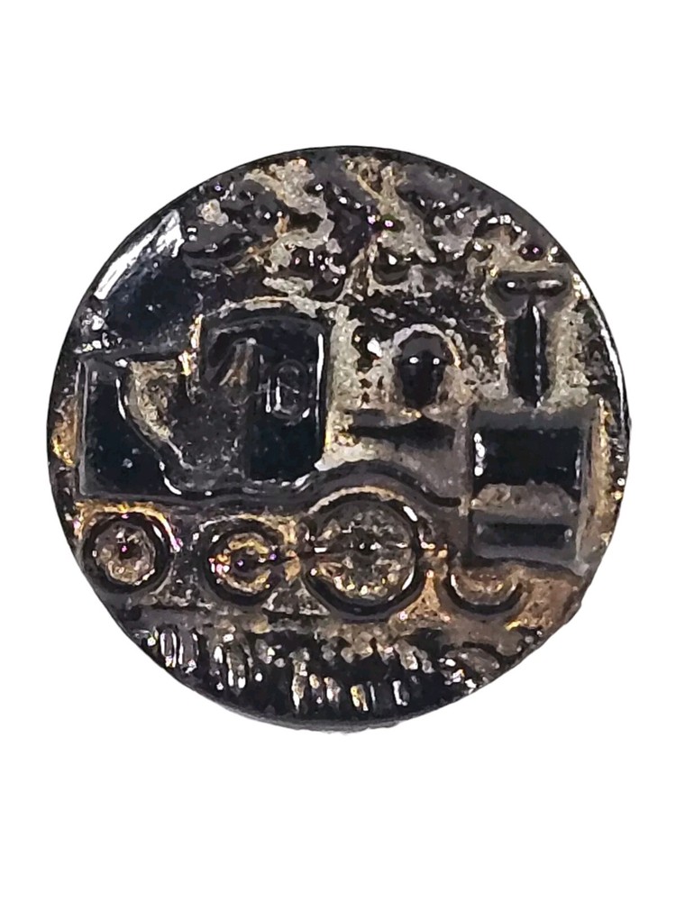 Victorian 1800s Black Glass Train Engine Button Old 11/16”