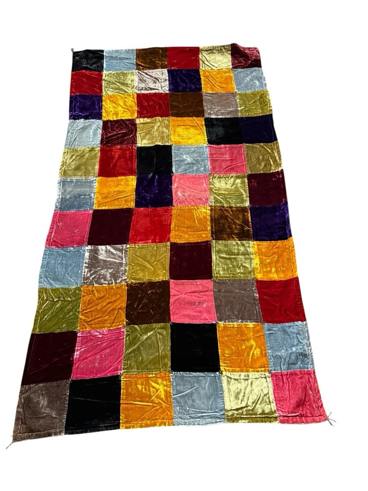 Velvet Patchwork Front Silk Lined Back Beaded Throw Shawl Lap Quilt Boho 68” X36