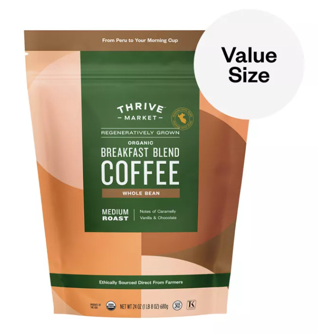24oz! Thrive Market Organic Breakfast Blend Whole Bean Coffee Medium Roast -Peru