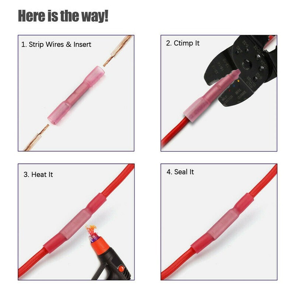 1000PCS Heat Shrink Waterproof Wire Connectors Red 22-16 AWG Butt Seal Terminals