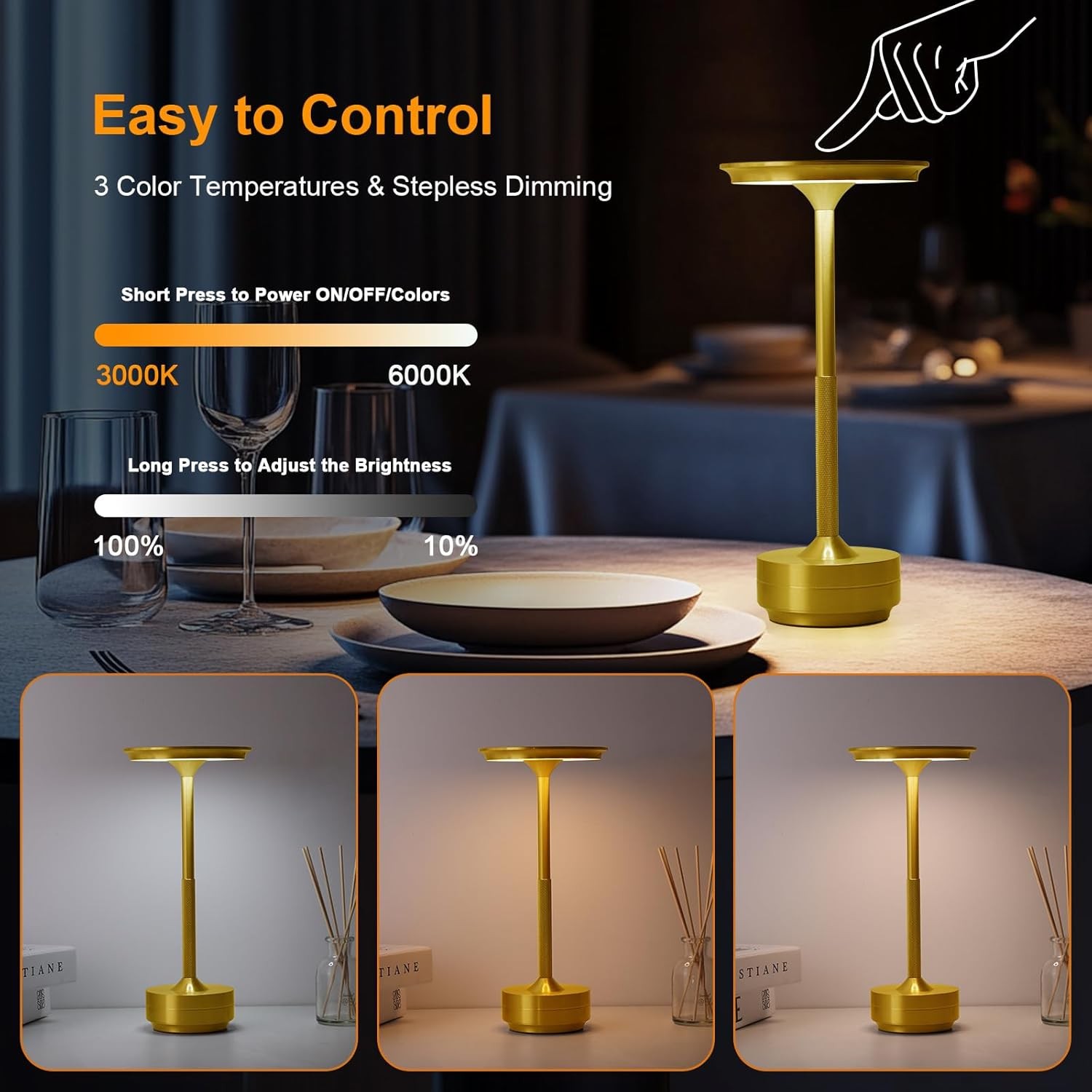 Cordless Table Lamp Dimmable 3-Color Dest Lamp Rechargeable LED Night Light