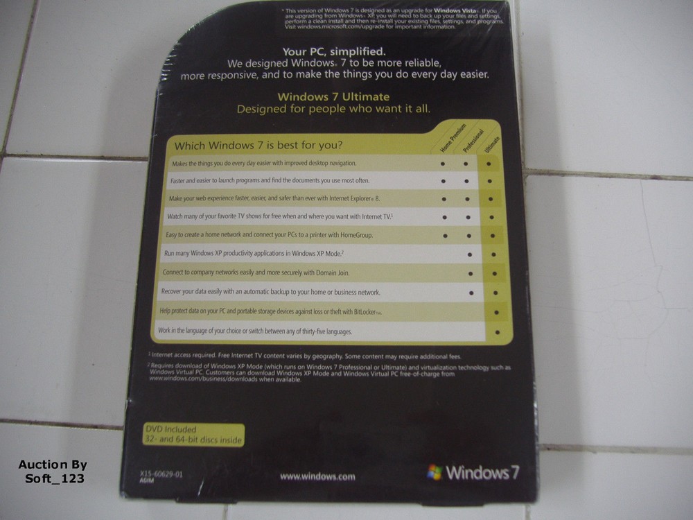 Microsoft Windows 7 Ultimate Upgrade 32 & 64 Bit DVD MS WIN PRO = RETAIL BOX=