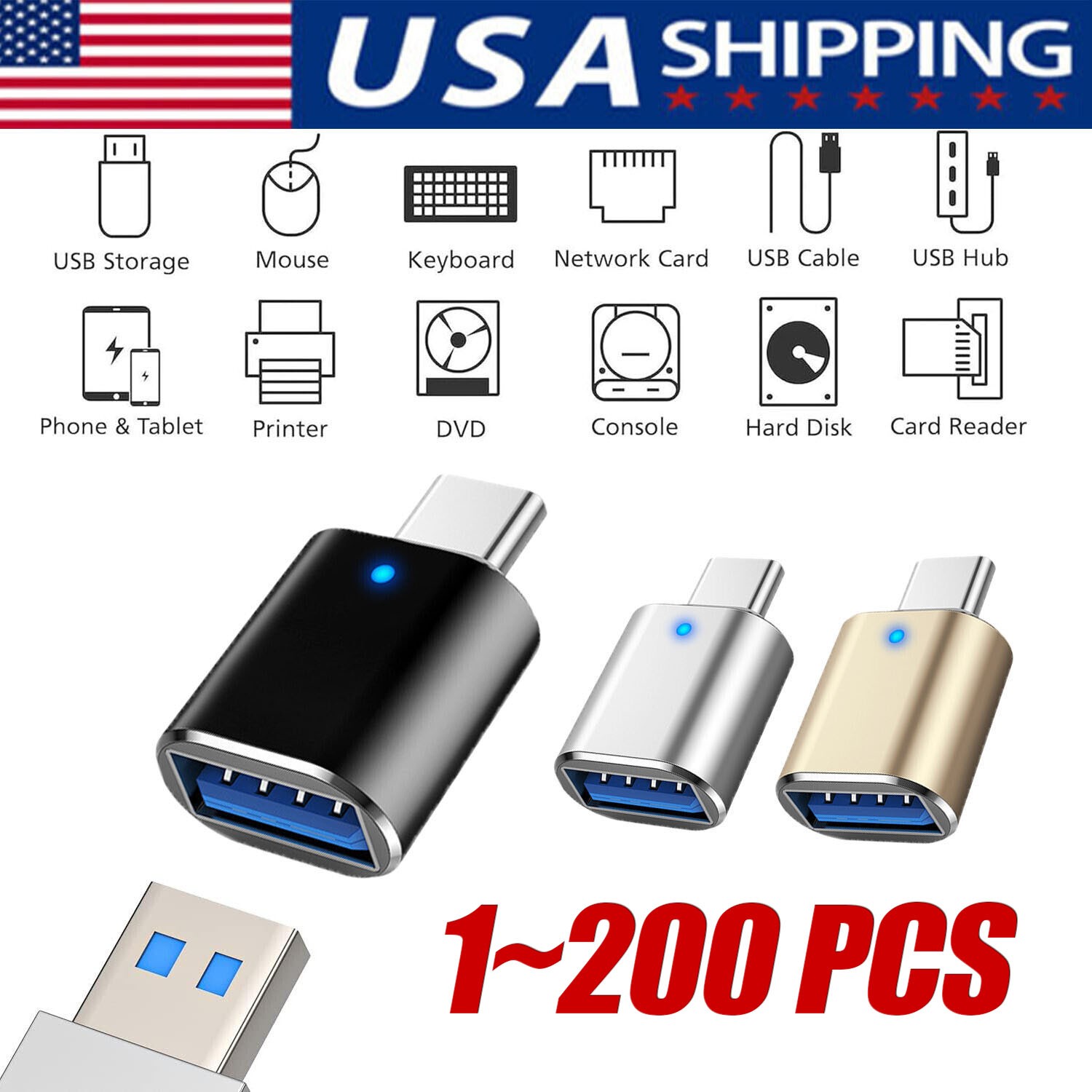 LED USB-C 3.1 Male to USBA Female Adapter Converter OTG Type C Android Phone LOT