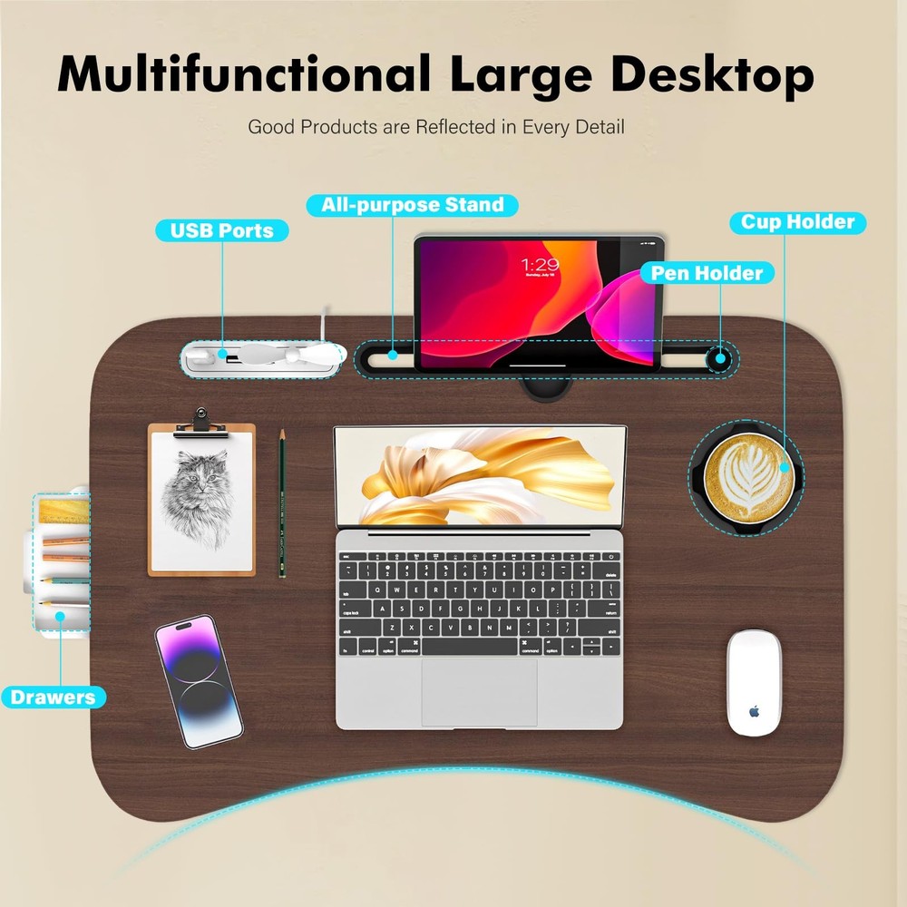 Lap Desk for Bed Adjustable Height, Foldable Bed Table with Storage Drawer, T...