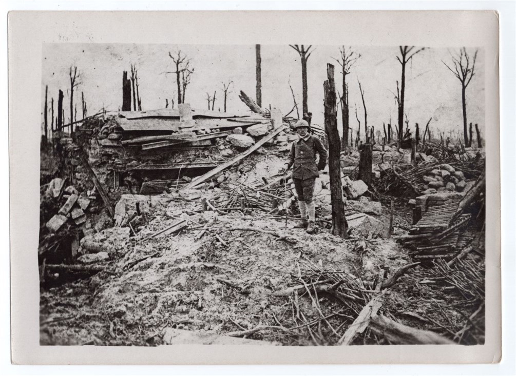 WWI French Soldier Outside Ruins of Dugout Bunker 5x7 Original Photo