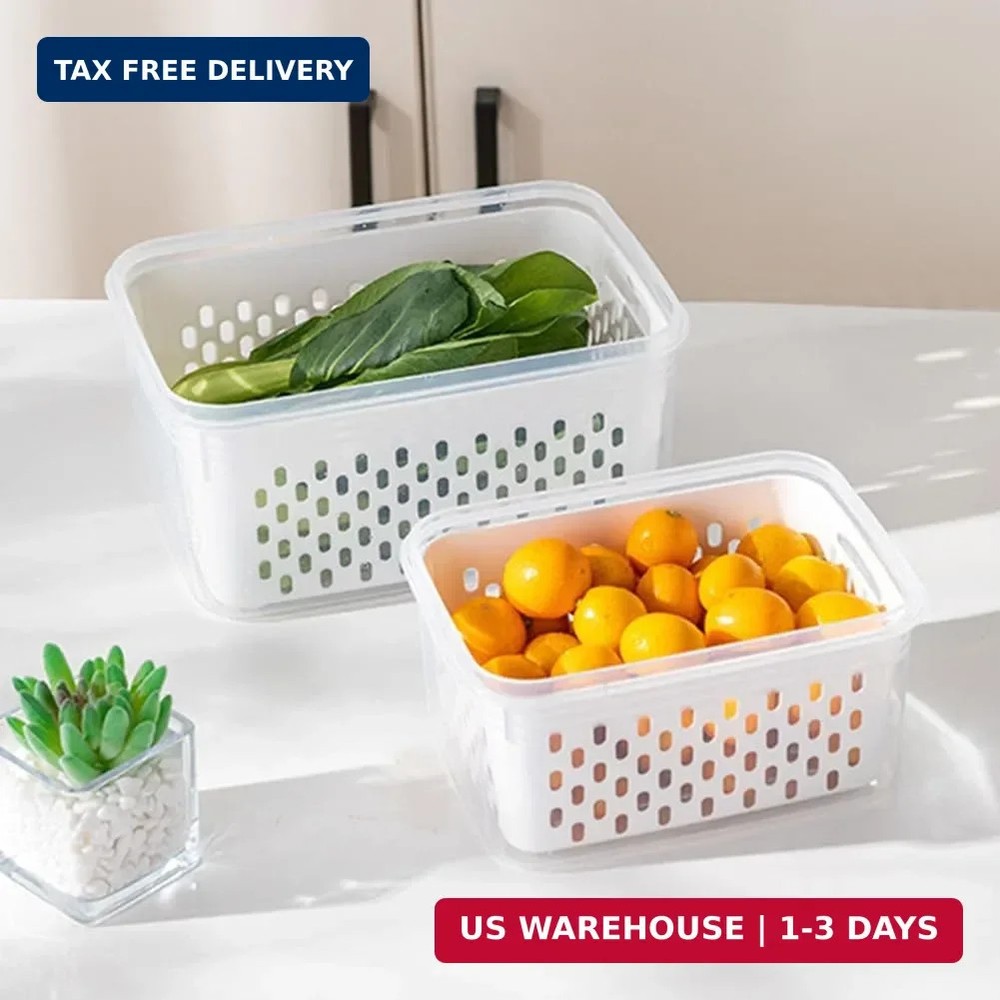 2 Pack Fruit Storage Containers for Fridge with Removable Colanders, Dishwasher