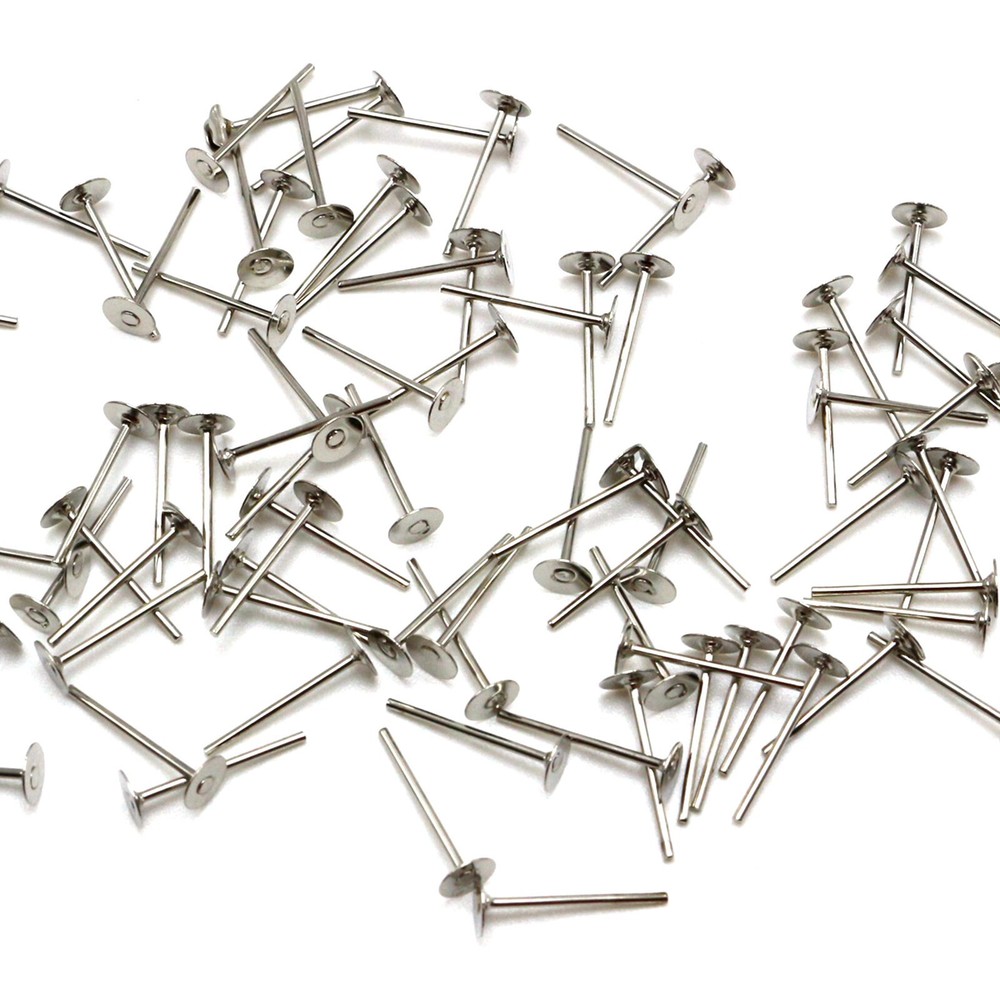 200pcs Silver Tone 4mm Flat Blank Pad Earring Ear Post Stud with Stopper Finding