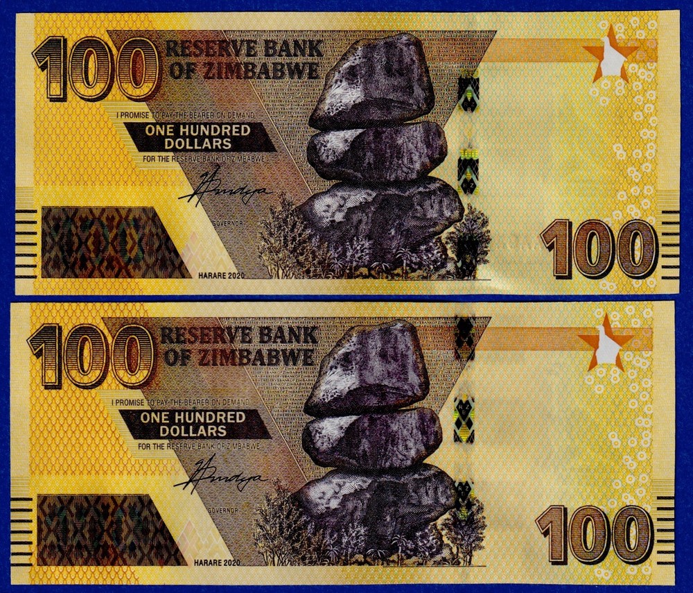 ZIMBABWE $100 (2020 / 2022 ) SET - REGULAR (AA) + REPLACEMENT (ZZ) aUNC Notes