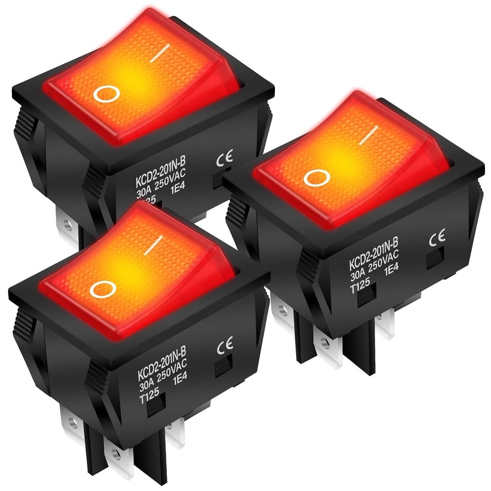 Heavy-Duty 30A Rocker Toggle Switch - DPST Design with Light Indicator - 3 Pack