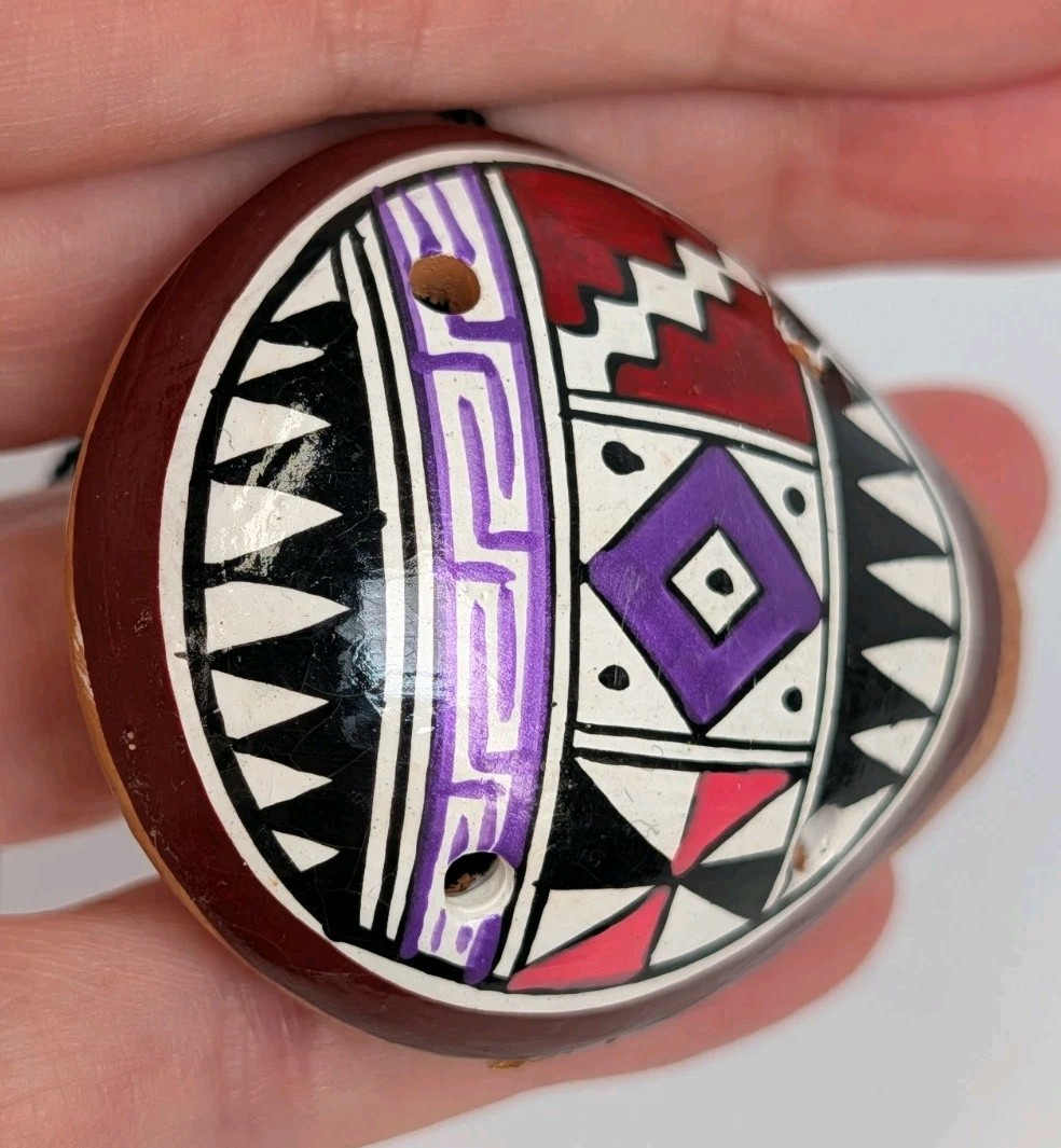 Vintage Handpainted Clay Peruvian Wind Flute / Whistle On Corded Necklace