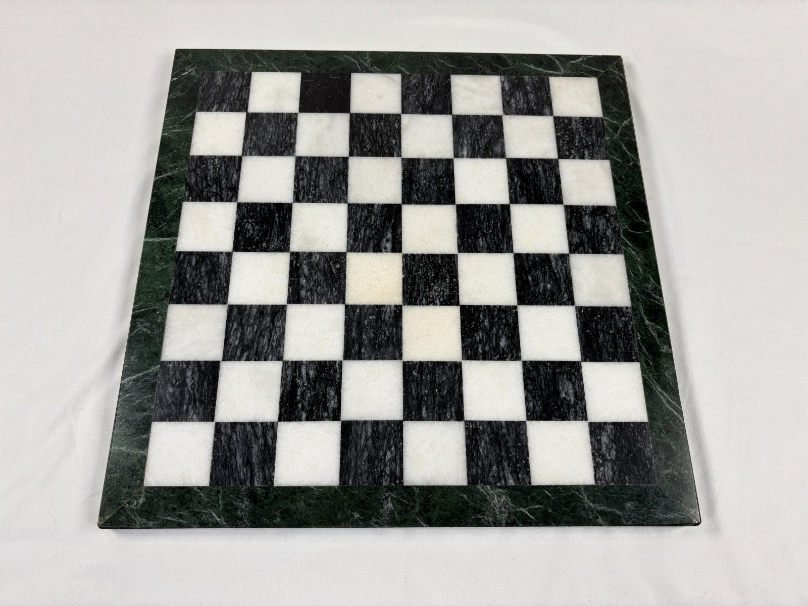 Marble Chess Board Black White With Green Border Stone 15 Inch Vintage Used