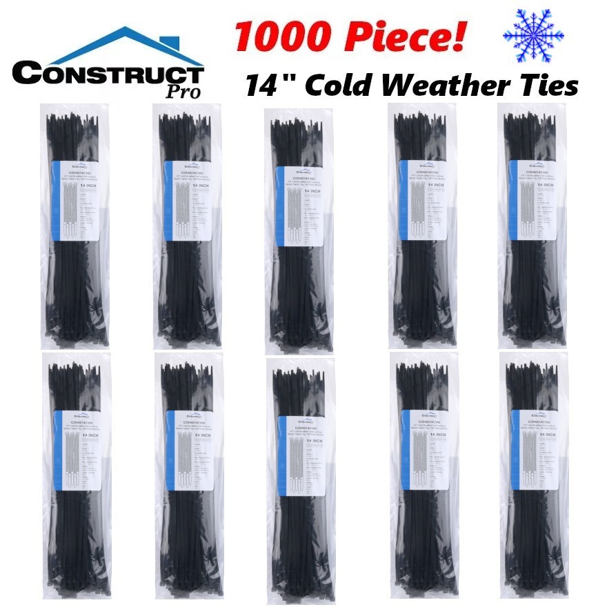 1000 Pack Construct Pro 14” Cold Weather Self-Locking Nylon Cable Ties Black Zip