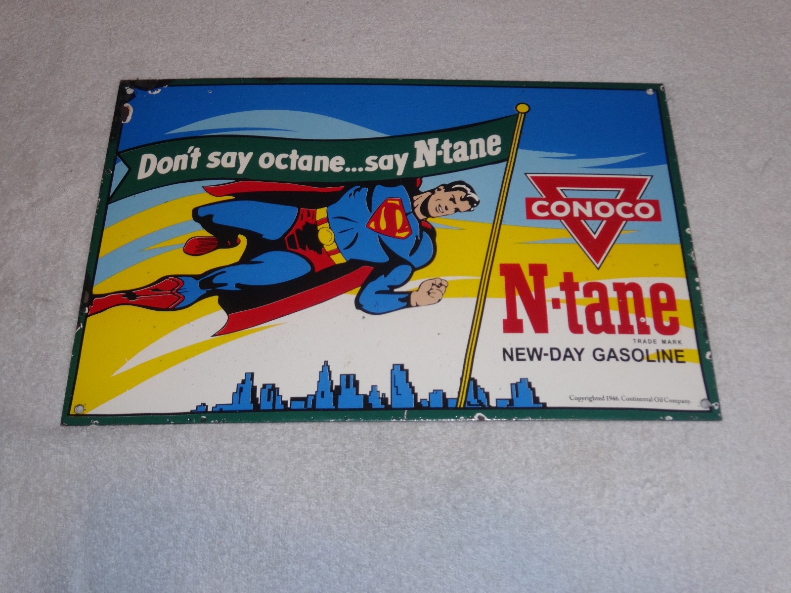 VINTAGE 1946 CONOCO N-TANE SUPERMAN GASOLINE 16" PORCELAIN METAL COMIC BOOK SIGN