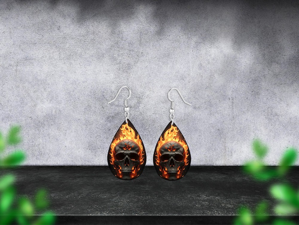 Flaming Fire Skull Teardrop Earrings