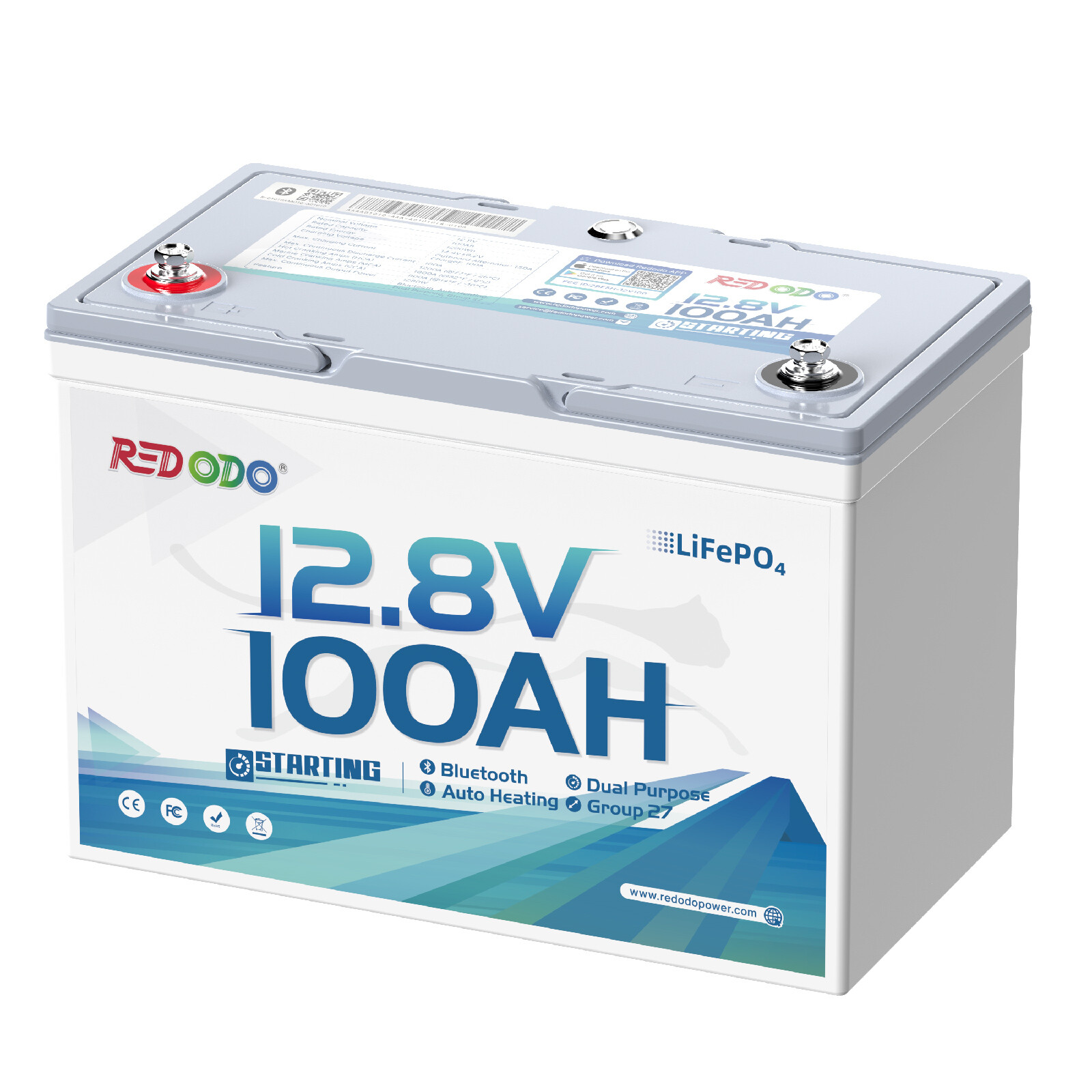 Redodo 12V 100Ah Bluetooth Dual-Purpose 900CCA Group27 Marine Starting Battery