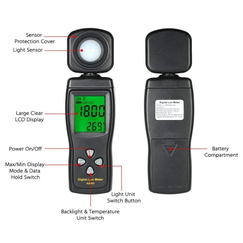 1-200K Lux High-Precision Illuminance Meter W/Shockproof Case For Field Work