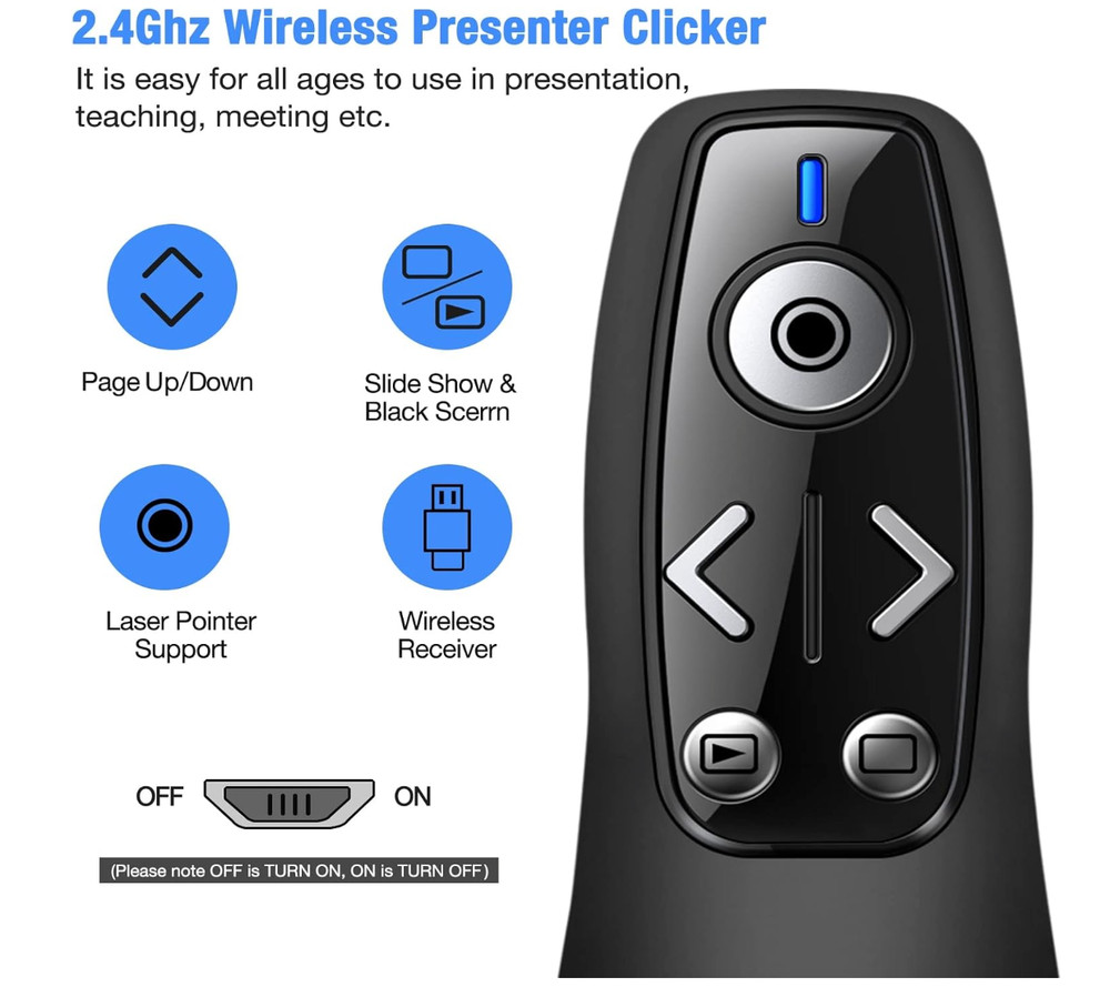 Presentation Clicker Wireless Remote for PC & Mac - USB A and USB C - H
