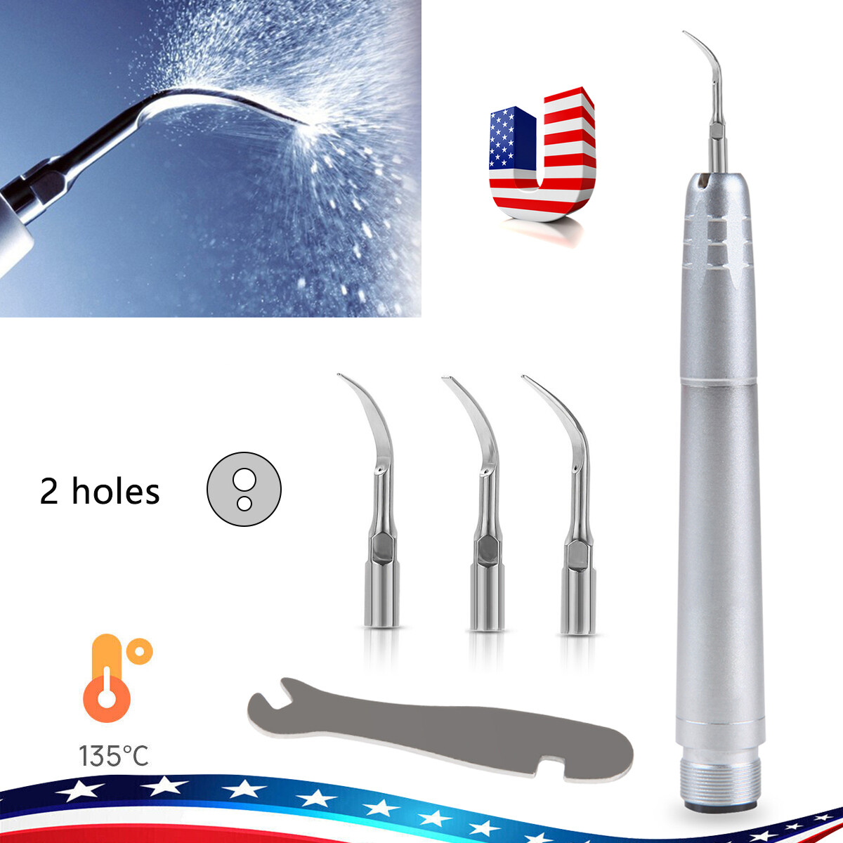 Dental Piezo Ultrasonic Air Scaler Handpiece Hygienist 2/4 Holes With 3 Tips
