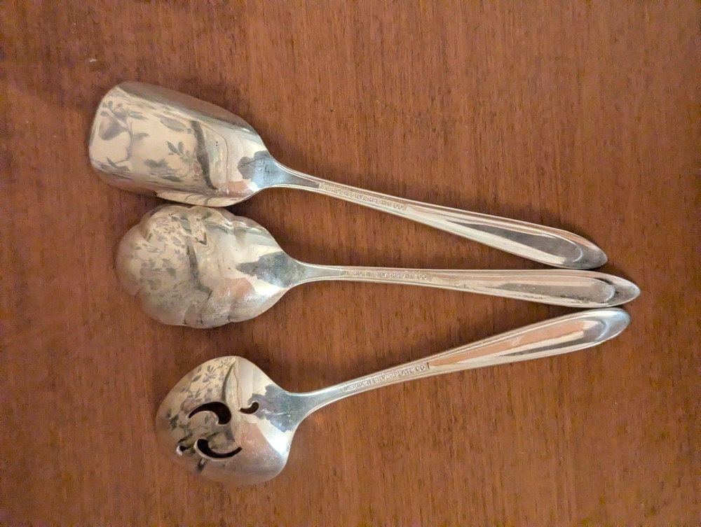 3-VINTAGE FIRST LADY SILVERPLATE -SHELL SUGAR, SUGAR SIFTER, BON BON SPOONS