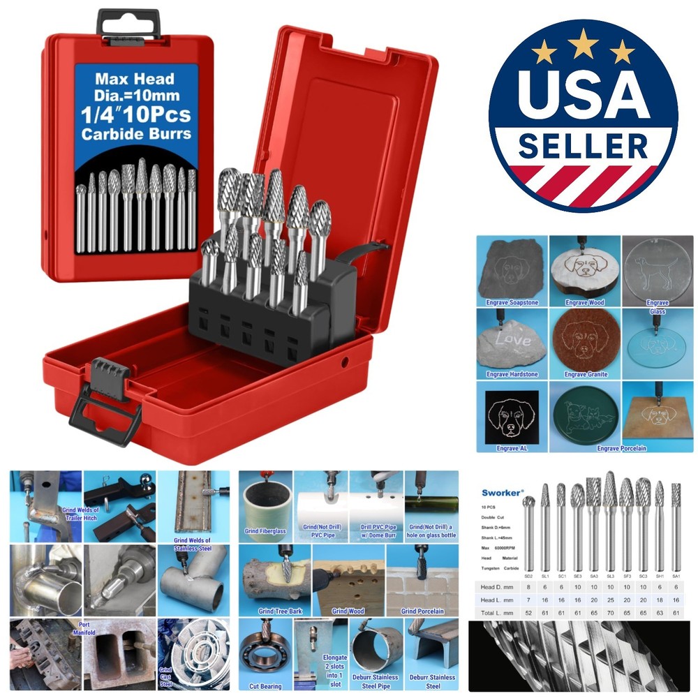 Professional Grade 10-Pc Die Grinder Bits in Red Box - Durable & Precise Cutting