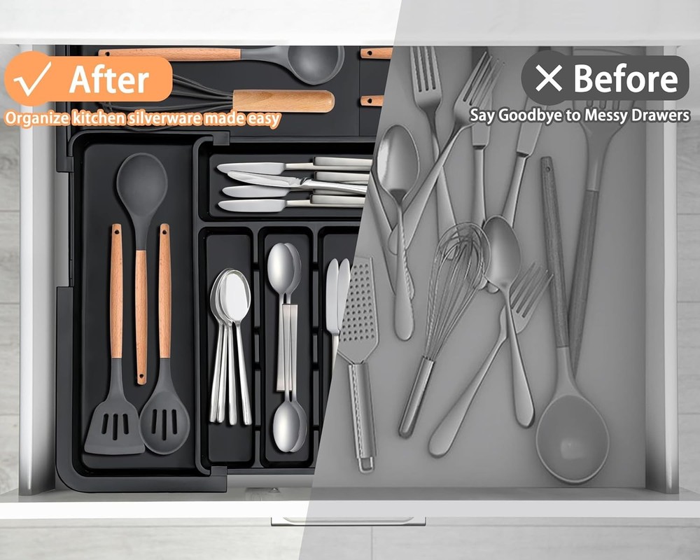 Silverware Organizer Expandable Kitchen Utensil Drawer Large Black