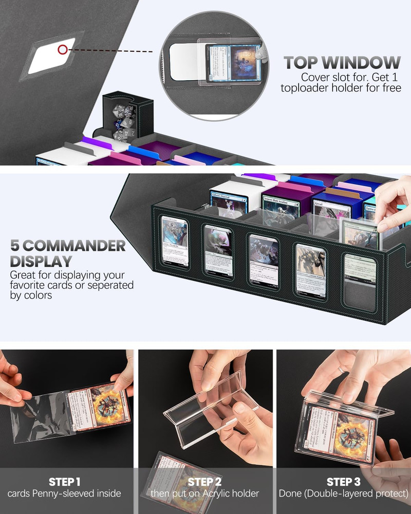 Trading Card Storage Box , 5-Row Card Case with Commander Display & Portable Han