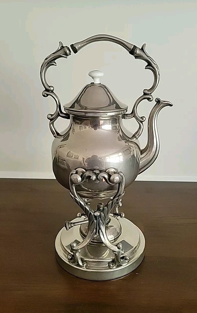 Silver On Copper Britannia Sheridan Tipping Teapot Tea Kettle Tilting Stand