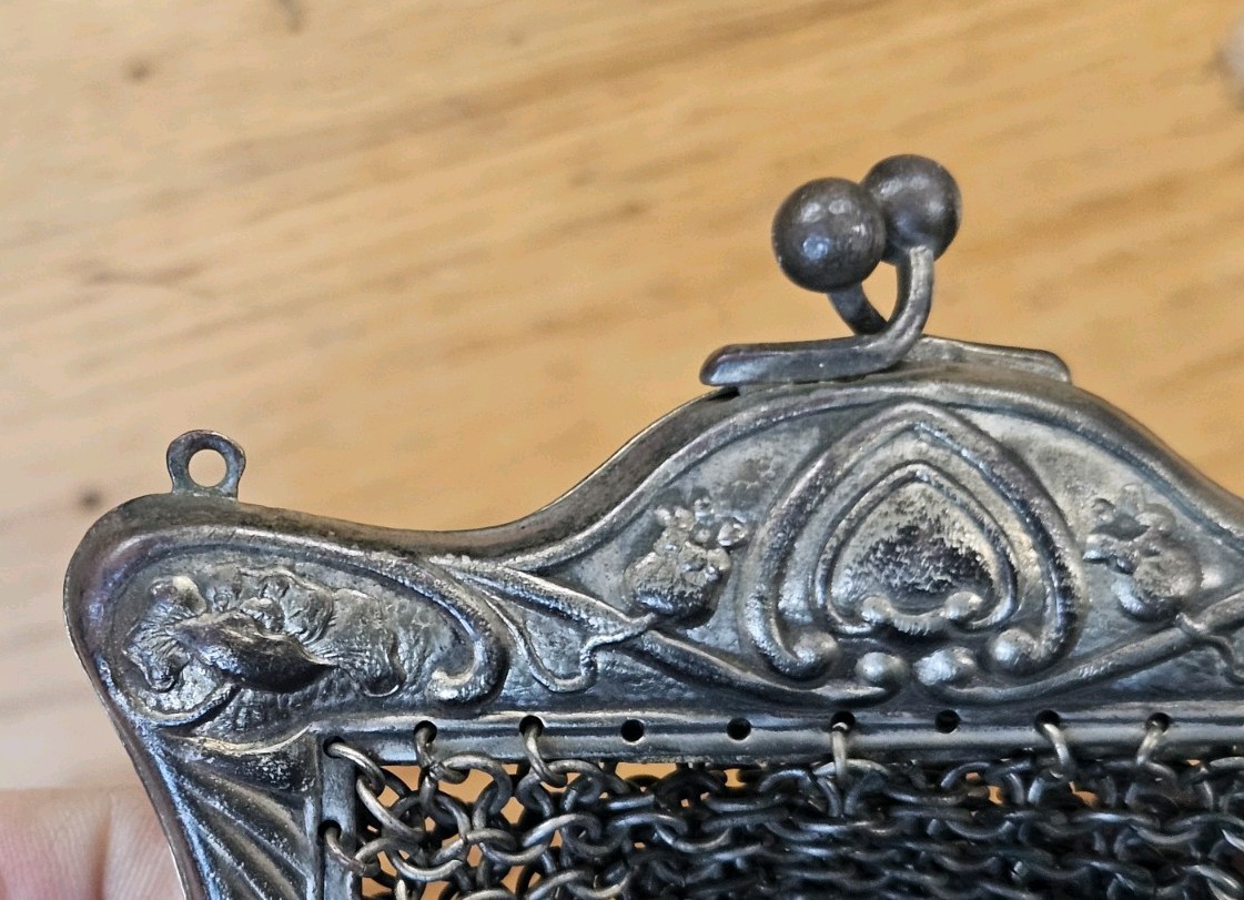 Vintage Ornate German Silver Numbered & Engraved Metal Mesh Purse Missing Chain