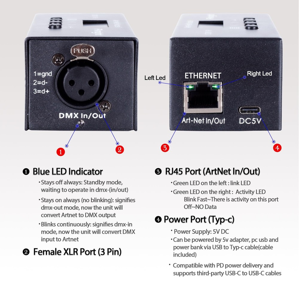 ArtNet DMX Ethernet Lighting Controller Interface, 3-Pin XLR, 1-Universe Bi-d...