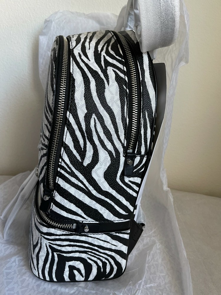 NWT Michael Kors Rhea Zip Medium Zebra Backpack $328 Black/White