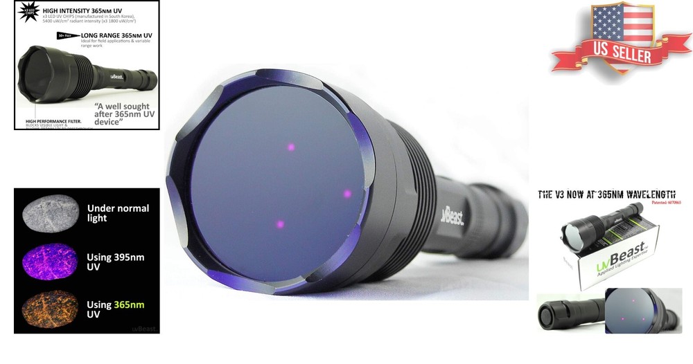 New V3 High Definition 365nm UV Flashlight - Long Range & Intense Light