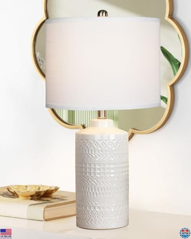 24.5" White Ceramic Table Lamp - 3-Way Dimmable Nightstand Light with Shade