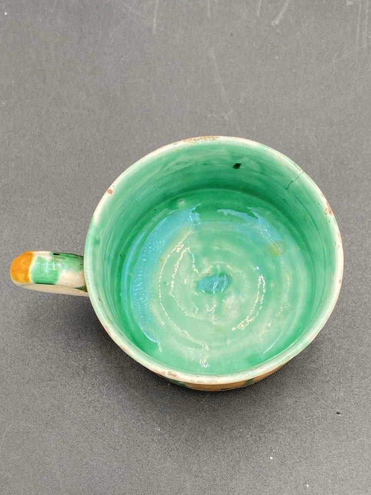 Vintage Rustic Drip Glaze Handled Cup Antique Pattern Yellow Green