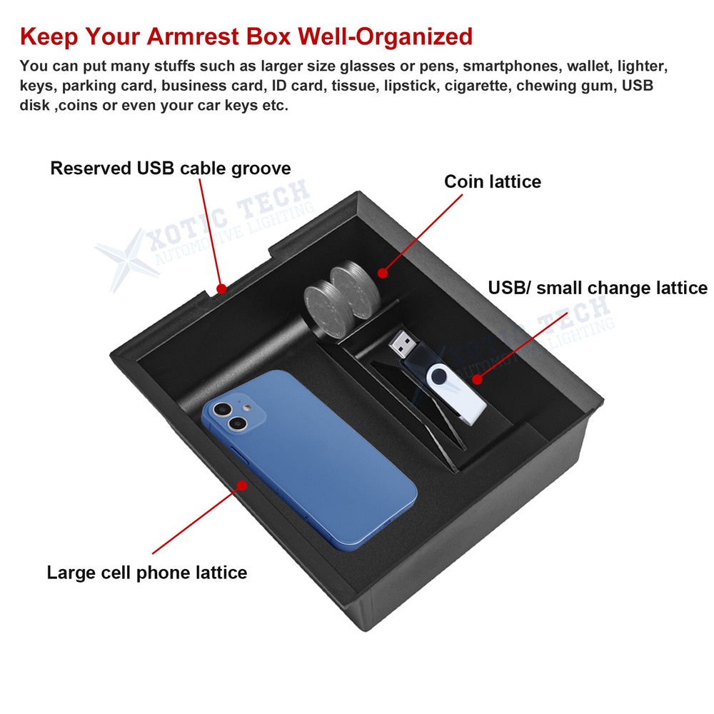 For Tesla 3&Y 2nd Gen Console Armrest Black Layer Organizer Tray Flocking Boxes