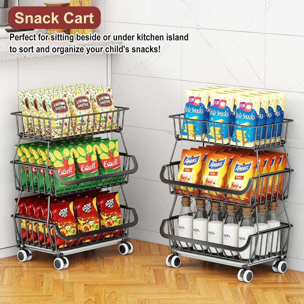 3-Tier Rolling Pantry Cart, Stackable Wire Storage Floor Organize Vegetable Rack