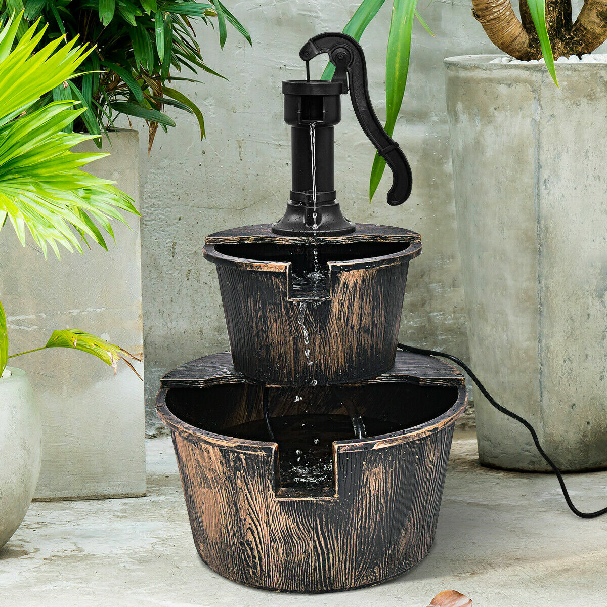 2 Tier Barrel Waterfall Fountain Barrel Water Fountain Pump Outdoor Garden