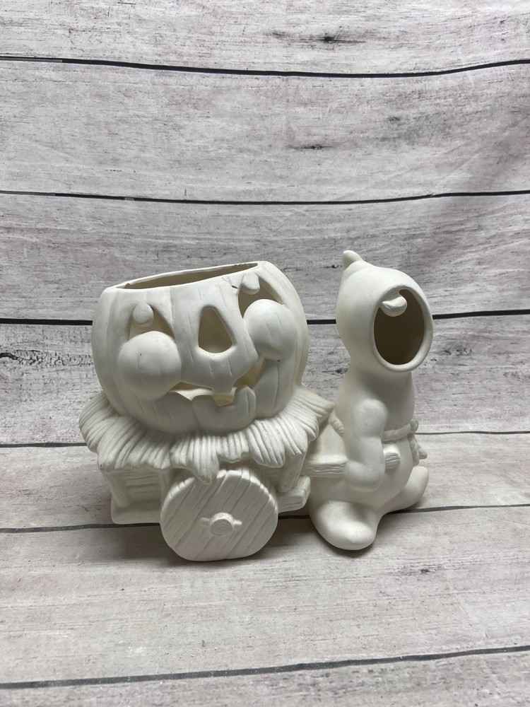 Vintage Ceramic Mold Halloween Ghost Pulling Jack O Lantern Pumpkin Wagon