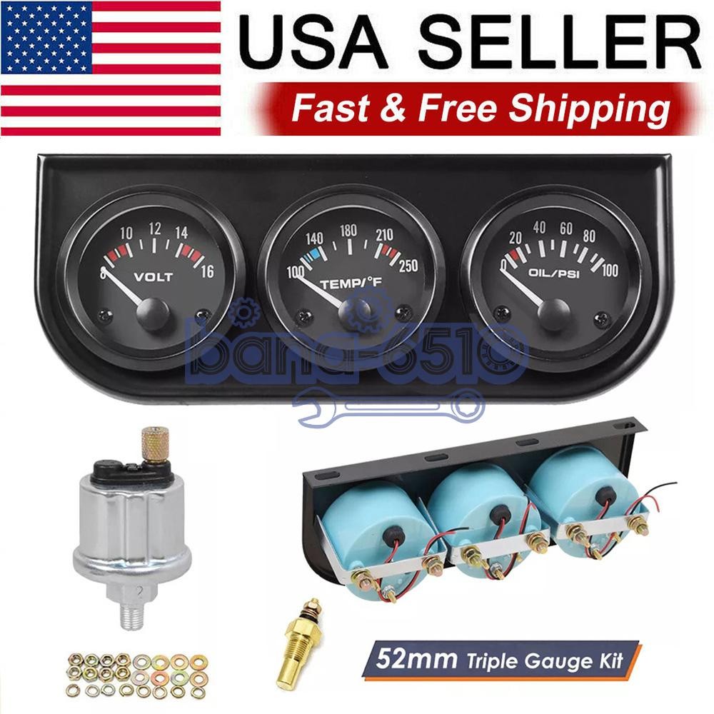 2" 52mm 3-in-1 Auto Car Triple Gauge Set Kit Water Temp Oil Pressure Volt Meter