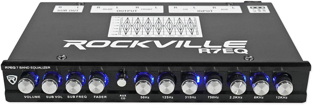 R7EQ 1/2 Din 7 Band Car Audio Equalizer, Front/Rear/Sub Outputs, Blue LED Knobs,