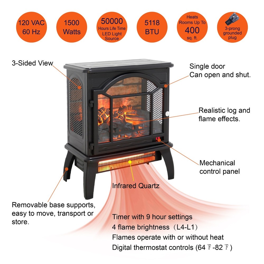 18" 3D Flame Electric Fireplace Insert Heater w/ Realistic Flame&Remote Control