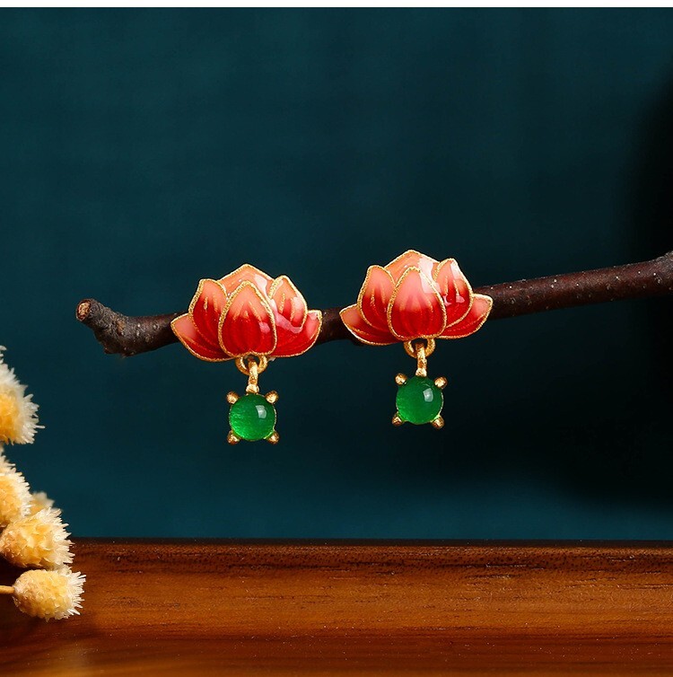 Jade Enamel Dangle Earrings Boho Lotus Flower Dainty Gemstone 18K Gold Plated