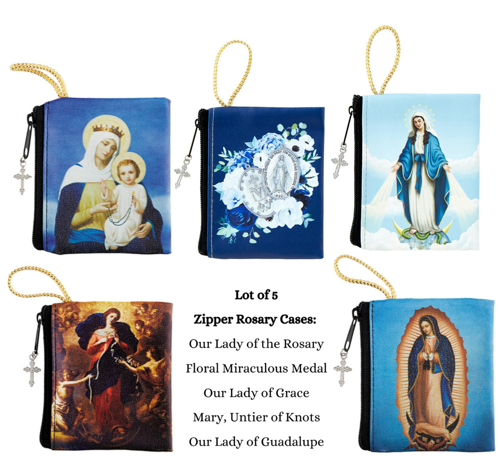 NEW Lot of 5 Marian Zipper Rosary Cases Our Lady of Grace Mary Untier of Knots