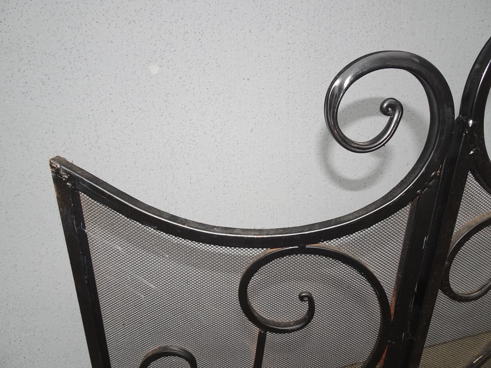 Vintage Tri-Fold Three Panel Black Metal Fireplace Screen